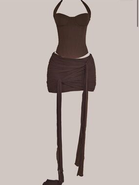 Women’s Brown Ruched Mini Skirt with Draped Ties